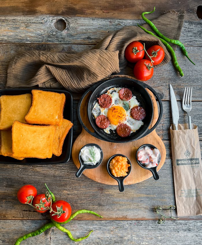 Top-down view of a hearty breakfast with fried eggs and toast, perfect for food enthusiasts.